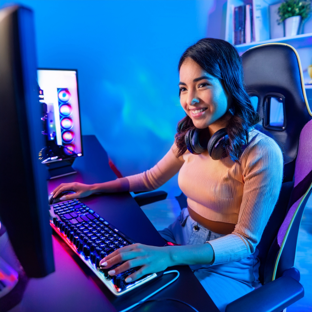 Smiling female gamer at RGB-lit setup using ZeroPing router for ultra-low latency, immersive PC gaming experience
