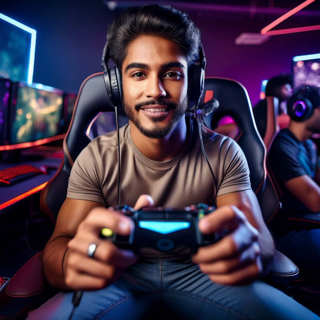 Smiling gamer using ZeroPing setup, holding controller in RGB gaming room with headphones for low-latency console play