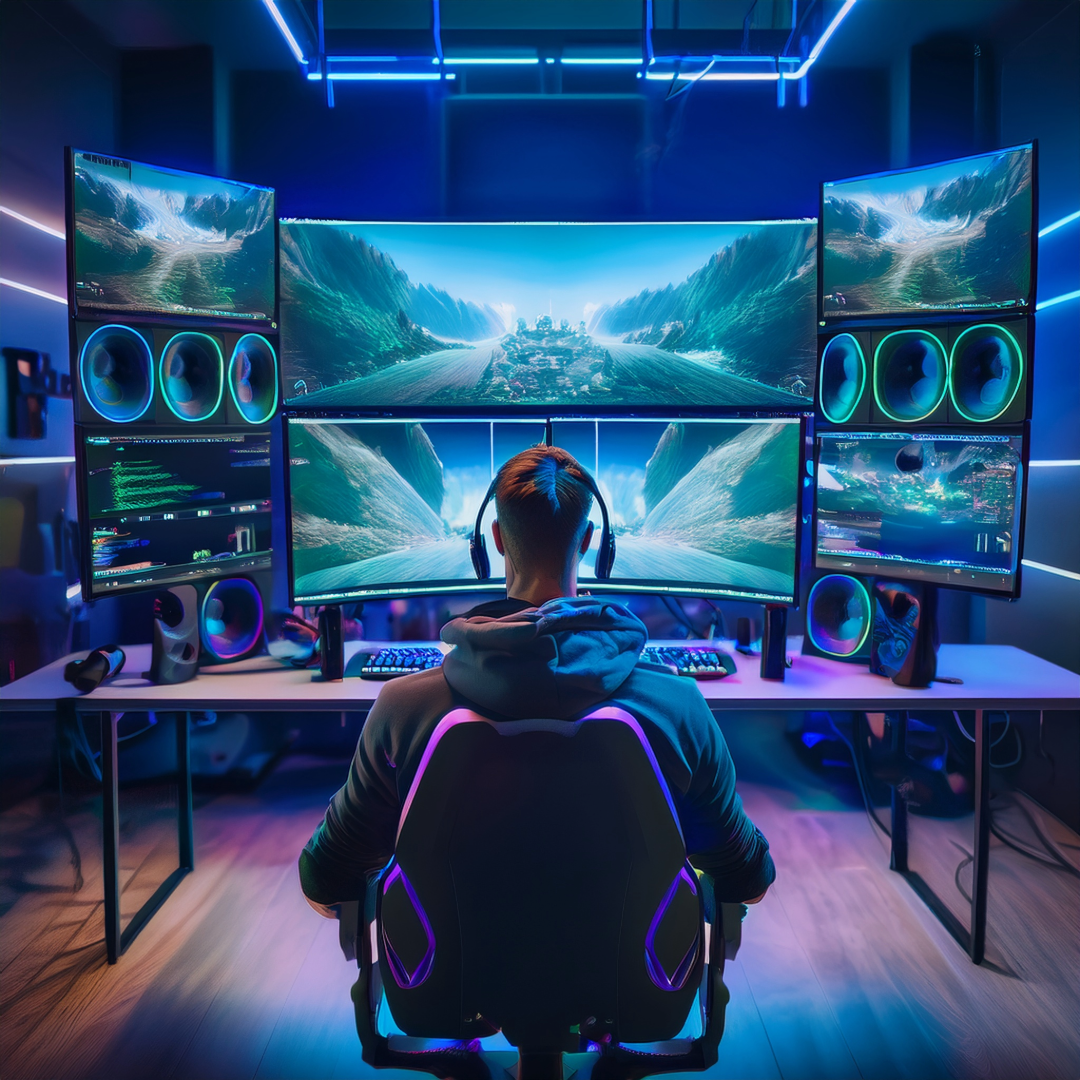 Gamer in high-tech chair using ZeroPing for ultra-low latency, multiple monitors with vibrant gaming landscapes, RGB ambient lighting setup